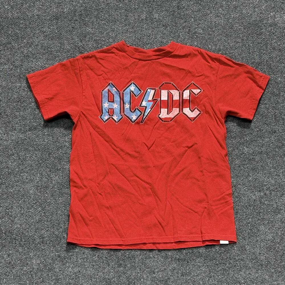 AC/DC Shirt Boys Small Red USA Flag Logo Graphic Rock Band Short Sleeve Tee Top